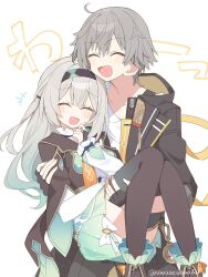  1boy 1girl ahoge black_coat black_hairband black_thighhighs bridal_gauntlets caelus_(honkai:_star_rail) carrying closed_eyes coat dress fingerless_gloves firefly_(honkai:_star_rail) gloves green_dress grey_hair hairband highres honkai:_star_rail honkai_(series) princess_carry smile thigh-highs trailblazer_(honkai:_star_rail) twitter_username uwasewau white_background 