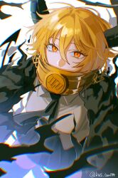  1girl black_necktie black_skirt black_thighhighs blonde_hair bus_gen094 chain collar commentary_request demon demon_girl demon_horns demon_tail don_quixote_(project_moon) e.g.o_(project_moon) halo highres horns index_(identity)_(project_moon) limbus_company looking_at_viewer necktie procuration_(e.g.o) project_moon shirt short_hair skirt solo tail thigh-highs white_background white_shirt 