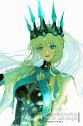  1girl artist_name black_dress blue_eyes blue_lips braid crown dress eiki_(eikityou_55) fate/grand_order fate_(series) hair_between_eyes half_up_braid highres long_hair long_sleeves looking_at_viewer morgan_le_fay_(fate) morgan_le_fay_(queen_of_winter)_(fate) open_mouth ponytail smile solo spikes two-tone_dress very_long_hair white_hair 