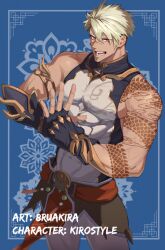  1boy abs arm_tattoo armlet artist_name belt black_gloves blonde_hair blue_background bodysuit character_name chinese_clothes commission covered_abs covered_navel covered_pectorals dragon_tattoo fingerless_gloves gloves gold_trim haruakira jewelry large_pectorals male_focus manly muscular muscular_male navel original palm-fist_greeting pants patterned_background pectoral_cleavage pectorals pelvic_curtain red_belt red_eyes scar scar_on_face scar_on_nose shenn_(kirostyle) short_hair sleeveless sleeveless_bodysuit spiky_hair tattoo undercut veins veiny_arms white_bodysuit white_pants yaopei 