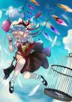  1girl ascot black_footwear blue_sky bow buttobinenenene cat closed_eyes flandre_scarlet full_body hat hat_bow highres mob_cap open_mouth puffy_short_sleeves puffy_sleeves red_bow red_skirt short_sleeves skirt sky socks solo touhou white_socks wings yellow_ascot 