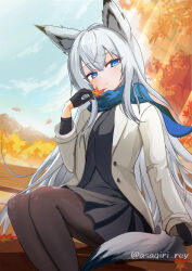  1girl absurdres alternate_costume animal_ears asagiri_rey autumn autumn_leaves azur_lane bench black_gloves black_pantyhose black_shirt black_skirt blue_eyes blue_scarf buttons commentary_request day dot_nose double-parted_bangs fox_ears fox_girl fox_tail gloves grey_jacket hair_between_eyes half_gloves highres holding holding_leaf jacket kawakaze_(azur_lane) leaf long_hair long_sleeves looking_at_viewer maple_leaf on_bench open_clothes open_jacket outdoors pantyhose park_bench pleated_skirt scarf shirt sitting skirt smile solo tail very_long_hair wooden_bench 