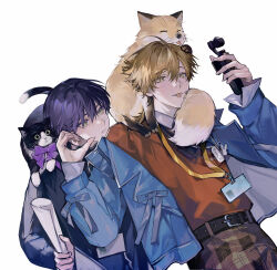  2boys absurdres animal_on_shoulder belt blue_jacket bow brown_eyes brown_hair cat cat_on_shoulder commentary dutch_angle fox fox_on_head fushimi_gaku green_eyes half-heart_hands highres holding holding_paper_airplane id_card jacket jewelry kenmochi_touya lanyard light_blush male_focus mole mole_under_eye multiple_boys multiple_girls necklace nijisanji open_clothes open_jacket pants paper_airplane plaid_clothes plaid_pants purple_bow purple_hair red_shirt selfie shirt shirt_tucked_in short_hair simple_background tongue tsuta1218 untranslatable_commentary virtual_youtuber white_background 