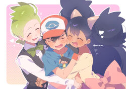  1girl 2boys :d ^_^ ash_ketchum baseball_cap black_gloves black_hair black_vest blue_shirt blush border bow bowtie cilan_(pokemon) closed_eyes collared_shirt commentary_request dark-skinned_female dark_skin double-parted_bangs fingerless_gloves gloves gradient_background green_bow green_bowtie green_hair hair_between_eyes hat hug iris_(pokemon) long_hair long_sleeves multiple_boys open_mouth outline outside_border pink_background pokemon pokemon_bw red_hat serizawa_serizane shirt short_hair short_sleeves smile two_side_up upper_body vest white_border white_outline white_shirt yellow_background yellow_shirt 
