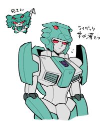  decepticon extra_eyes eyelashes green_helmet helmet humanoid_robot insignia leozack lyzack mecha no_humans ntov198440 red_eyes robot robot_girl science_fiction transformers transformers:_japanese_generation_1 transformers:_victory white_background 