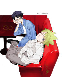  1boy 1girl artist_name black_eyes black_hair black_shoes blonde_hair blue_jacket blue_pants boruto:_naruto_next_generations closed_mouth collared_shirt commentary_request dated eriseros facial_mark full_body glass glasses grey_pants head_on_hand highres jacket looking_at_viewer naruto_(series) one_eye_closed pants parted_lips scar scar_across_eye scar_on_face shirt shoes short_hair sitting spiky_hair table uchiha_sarada uzumaki_boruto whisker_markings white_background white_shirt 