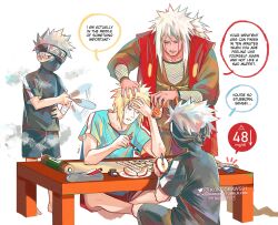  3boys absurdres blonde_hair english_text grey_hair hatake_kakashi highres jiraiya_(naruto) kokodrawings long_hair male_focus multiple_boys namikaze_minato naruto_(series) spiky_hair sweat teacher_and_student white_hair 