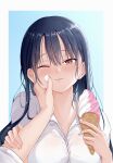  1girl 1other absurdres black_hair boku_no_kokoro_no_yabai_yatsu brown_eyes collared_shirt food food_on_face highres holding holding_food holding_ice_cream ice_cream ice_cream_on_face long_hair looking_at_viewer one_eye_closed pov pov_hands sacra_(sacrabokuyaba) shirt solo_focus sweat white_shirt yamada_anna 