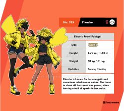  2girls :d artist_name belt black_eyes black_hair black_shorts blonde_hair chain character_name character_profile collar crop_top dark-skinned_female dark_skin deviantart_logo deviantart_username earrings english_text fingerless_gloves gloves gold_chain hand_in_pocket highres jacket jewelry looking_at_viewer multicolored_hair multiple_girls navel open_clothes open_jacket open_mouth orange_background personification pikachu pokedex_number pokemon ponytail shirt short_shorts shorts sleeveless sleeveless_shirt sleeves_past_wrists smile solo spiked_collar spikes standing standing_on_one_leg tail taruyamame thigh-highs yellow_jacket 