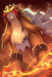  animal_focus brown_fur closed_mouth entei fangs fire highres looking_at_viewer no_humans outdoors pokemon pokemon_(creature) pokemon_focus red_eyes rumine_(yoshi1234567) sky smoke 