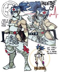  bandaged_leg bandages blue_hair broad_shoulders cardiogram character_name cross disposable_gloves elbow_gloves english_text genderswap genderswap_(ftm) gloves headband high_ponytail highres kuji-in large_pectorals male_focus mars_symbol mask mouth_mask multiple_views ninja nurse pectoral_cleavage pectorals ponytail red_cross red_eyes reference_inset scalpel scissors sidepec skullgirls surgical_mask the_noodle_(onebadnoodle) v-taper valentine_(skullgirls) white_headband 