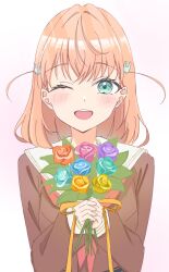  1girl ;d aqua_eyes aqua_flower aqua_rose blue_flower blue_rose bouquet brown_dress dress flower hair_ornament hasu_no_sora_school_uniform highres hinoshita_kaho holding holding_bouquet iroha_(nami3) link!_like!_love_live! long_sleeves looking_at_viewer love_live! medium_hair neckerchief one_eye_closed open_mouth orange_flower orange_hair orange_ribbon orange_rose pink_flower pink_rose purple_flower purple_rose rabbit_hair_ornament red_neckerchief ribbon rose sailor_collar sailor_dress school_uniform smile solo straight-on teeth two_side_up upper_body upper_teeth_only virtual_youtuber white_sailor_collar winter_uniform yellow_flower yellow_rose 