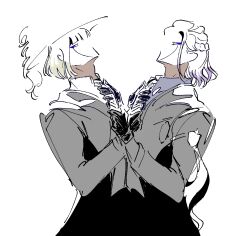  2boys adjusting_clothes adjusting_necktie black_gloves bob_cut braid gloves hat_feather highres implied_yaoi makeup male_focus multiple_boys necktie night_raven_college_school_uniform rook_hunt school_uniform short_hair twisted_wonderland vil_schoenheit vyragosa white_background 