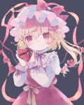  1girl alternate_wings blonde_hair box flandre_scarlet frilled_shirt_collar frills gift gift_box hat hat_ribbon heart-shaped_box hiyuu_(hiyualice) long_sleeves mob_cap one_side_up red_eyes red_ribbon red_skirt ribbon skirt touhou wings 