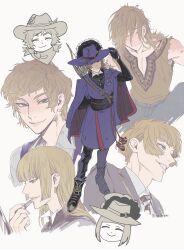  1boy alternate_hairstyle applying_makeup blonde_hair bob_cut bow bow_(weapon) freckles hat hat_feather highres hime_cut long_hair makeup male_focus messy_hair muscular muscular_male pomefiore_dorm_uniform ponytail purple_robe robe rook_hunt shirt short_hair smile torn_clothes torn_shirt tw_komat twisted_wonderland weapon white_background 