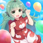  1girl balloon blue_sky blush clouds commentary_request curly_hair day green_eyes green_hair horns kariyushi_shirt koga_rejini komainu komainu_ears komano_aunn long_hair open_mouth paw_pose red_shirt shirt short_sleeves shorts single_horn sky smile solo touhou white_shorts 