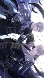  2boys absurdres ahoge aiguillette america_(hetalia) artist_name axis_powers_hetalia backlighting black_feathers black_gloves black_jacket black_necktie blonde_hair blue_cape blue_eyes blue_gem buttons cape closed_mouth collared_shirt commentary_request earrings epaulettes feathers floating_cape floating_earrings gem glasses gloves grey-framed_eyewear grey_hair hair_between_eyes hand_up highres jacket jewelry lapels leather leather_gloves long_sleeves looking_at_viewer male_focus medal military_jacket military_uniform multiple_boys necktie npyon open_mouth pink_eyes prussia_(hetalia) purple_cape semi-rimless_eyewear shirt short_hair simple_background smile snowflake_ornament standing star_ornament tongue upper_body v-shaped_eyebrows watermark white_background white_shirt 