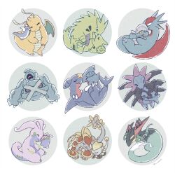  bagon beldum claws closed_eyes closed_mouth commentary_request deino_(pokemon) dragapult dragon dragon_wings dragonite dratini dreepy evolutionary_line full_body garchomp gible goodra goomy hug hydreigon jangmo-o kommo-o larvitar metagross no_humans nostrils one-eyed pokemon pokemon_(creature) pokemon_focus salamence sitting smile tyranitar wings yurano_(upao) 