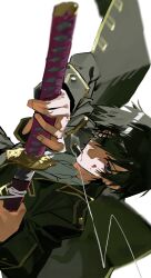  1boy absurdres ascot black_hair cigarette gintama hadanugi_dousa highres hijikata_toushirou holding holding_sword holding_weapon katana male_focus mura_karuki smoke smoke_trail smoking solo sword weapon white_ascot 