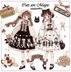  2girls animal_print antique_phone artist_name bag bandana banner black_bag black_bow black_cat black_dress blush_stickers bonnet border bow bow_print bowtie broom brown_bow brown_bowtie brown_eyes brown_footwear brown_hair buttons cat cat_print center_frills cherry_hair_ornament choker collar collared_dress cross-laced_clothes cross-laced_dress dress english_text food-themed_hair_ornament footwear_bow fork frilled_choker frilled_collar frilled_dress frilled_headwear frills full_body hair_bow hair_bun hair_ornament handbag high_heels highres holding holding_bag holding_stuffed_toy jack-o&#039;-lantern jack-o&#039;-lantern_hair_ornament kneehighs lolita_fashion long_sleeves looking_at_viewer mary_janes medium_dress medium_hair multiple_girls neck_ribbon open_mouth original polka_dot polka_dot_dress puffy_long_sleeves puffy_sleeves pumpkin pumps putong_xiao_gou ribbon shirt shoes short_hair_with_long_locks single_hair_bun sleeveless sleeveless_dress socks spoon stuffed_animal stuffed_cat stuffed_toy tombstone twintails waist_bow wheat white_background white_bandana white_border white_cat white_choker white_collar white_dress white_headwear white_ribbon white_shirt white_socks 