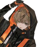  1boy alban_knox arm_up black_gloves black_hoodie black_jacket black_scarf brown_hair gloves green_eyes hair_ornament heterochromia highres hood hood_up hoodie jacket long_sleeves male_focus nijisanji nokoru_sora open_mouth scarf smile solo violet_eyes 