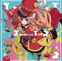  1girl album_cover aqua_eyes bell brown_hair colorful conductor_(j-neration) controller copyright_name cover facial_mark flag from_above game_controller grand_piano hand_on_own_hip handbell hat holding holding_flag instrument j-core j-neration kurumitsu long_hair looking_at_viewer nintendo_switch official_art orange_hair perspective piano red_hat ringlets second-party_source smile solo stuffed_animal stuffed_toy super_famicom_controller teddy_bear toy toy_block toy_car train_conductor very_long_hair 