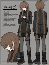  1boy androgynous black_boots black_coat black_eyes black_shorts boots braid bridge_piercing buttons character_age closed_mouth coat commentary cowboy_shot daniel_(slavcorpz) double-breasted english_commentary face_piercing facing_down flag_patch flag_print freckles full_body grey_pantyhose hair_between_eyes height highres long_hair long_sleeves low-tied_long_hair male_focus original own_hands_together pantyhose piercing polish_flag polish_flag_print shorts simple_background slavcorpz sleeves_past_wrists solo twin_braids very_long_hair 