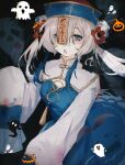  1girl adapted_costume blue_dress blue_eyes blue_hair chinese_clothes double_bun dress flower ghost grey_hair hair_bun hair_flower hair_ornament hair_over_one_eye halloween_costume hat highres isekai_joucho jiangshi_costume kamitsubaki_studio long_hair looking_at_viewer multicolored_hair ofuda open_mouth qing_guanmao sketch sleeves_past_fingers sleeves_past_wrists solo twintails two-tone_dress two-tone_hair upper_body virtual_youtuber white_dress yame_ya1113 