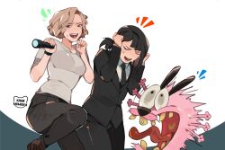  2girls animal_ears animal_hands artist_name black_hair black_necktie black_pants blazer blonde_hair breasts chainsaw_man clenched_hands closed_eyes courage_(character) courage_the_cowardly_dog dog dog_ears dog_paws flashlight grace_ashcroft higashiyama_kobeni highres holding holding_flashlight jacket kamii_momoru long_sleeves long_tongue md5_mismatch medium_breasts multiple_girls necktie open_mouth pants pink_fur resident_evil resident_evil_requiem resolution_mismatch shirt short_hair short_sleeves source_smaller standing standing_on_one_leg swept_bangs teeth tongue tongue_out toon_(style) upper_teeth_only white_shirt wide-eyed 