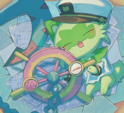  73sitimi animal baby_animal blush cat closed_eyes demmise green_fur hat highres kitten no_humans pokemon pokemon_(creature) sleeping sprigatito white_hat 