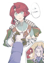  !? 2girls black_jacket blue_eyes blue_shirt bridal_gauntlets cape chichan54_(clubhappy) commentary_request cropped_torso french_text green_cape grey_eyes grey_hair hair_ornament highres holding_hands jacket marsha_(reverse:1999) mole mole_under_eye multiple_girls open_mouth pov pov_hands red_hair reverse:1999 sentinel_(reverse:1999) shirt short_hair speech_bubble sweat upper_body white_background 