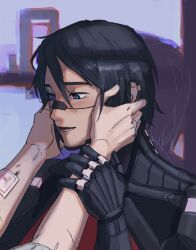  2girls android ariane_yeong bandaid bandaid_on_arm black_hair blue_eyes commentary elster_(signalis) english_commentary from_side hand_on_another's_arm hands_on_another's_cheeks hands_on_another's_face highres marion_(plinkoping) multiple_girls open_mouth out_of_frame portrait short_hair signalis skin_seams smile yuri 