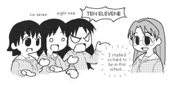  4girls 67_(meme) azumanga_daioh cropped_torso denkirk english_text glasses greyscale kasuga_ayumu long_hair long_sleeves looking_at_another medium_hair meme mizuhara_koyomi monochrome multiple_girls o_o open_mouth sakaki_(azumanga_daioh) takino_tomo upper_body white_background 