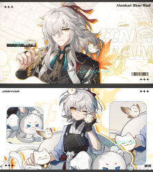  1boy ;) age_comparison aged_down animal_on_head armor barcode bell ben-day_dots bird bird_on_hand bird_on_head black_border black_gloves black_shirt blue_sash blue_shirt border cat character_name chest_guard chinese_clothes chinese_commentary closed_mouth copyright_name drop_shadow elbow_rest fengtu_ad fingerless_gloves fold-over_collar gloves hair_over_one_eye hair_ribbon half_updo hand_up high_ponytail highres honkai:_star_rail honkai_(series) jing_yuan jingle_bell leaf long_hair long_sleeves looking_at_animal male_focus maple_leaf medium_hair mole mole_under_eye multiple_views neck_tassel on_head one_eye_closed one_eye_covered pants petting ponytail red_ribbon ribbon sash screentones shirt shoulder_armor sleeves_rolled_up smile split_screen stuffed_animal stuffed_lion stuffed_toy tassel turtleneck turtleneck_shirt undershirt upper_body waist_sash watermark weibo_watermark white_background white_cat white_hair white_pants yellow_eyes zoom_layer 