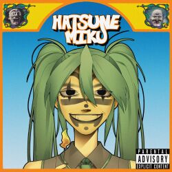  1girl album_cover album_cover_redraw aqua_hair black_eyes blue_background border close-up clown_makeup collared_shirt cover derivative_work english_commentary fire grey_shirt hair_between_eyes hatsune_miku hatsune_miku_(vocaloid6) highres holding_matchstick logo long_hair looking_at_viewer matches mr._bungle mr._bungle_(album) orange_border parental_advisory shirt sidelocks smile straight-on teeth treebarkagain twintails vocaloid 