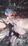  1girl assault_rifle bare_shoulders black_ribbon blue_hair blush cityscape collarbone crown cup dress drinking_glass girls_frontline gloves gun hair_between_eyes hand_to_own_mouth highres holding holding_cup kalashnikov_rifle looking_at_viewer mini_crown paris red_wine ribbon rifle short_hair solo soukou_makura violet_eyes weapon white_dress white_gloves wine_glass zas_m21_(girls&#039;_frontline) zas_m21_(white_queen)_(girls&#039;_frontline) zastava_m21 