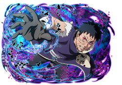  1boy black_gloves black_hair black_pants clenched_teeth coat gloves heterochromia looking_at_viewer male_focus naruto_(series) naruto_shippuuden naruto_shippuuden:_ultimate_ninja_blazing official_art pants purple_coat red_eyes rinnegan sharingan short_hair solo teeth torn_clothes torn_coat uchiha_obito violet_eyes 