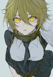  1girl black_necktie black_skirt blonde_hair breasts cape chain chained chained_wrists collar commentary_request cuffs don_quixote_(project_moon) gloves handcuffs highres index_(identity)_(project_moon) jacket limbus_company long_sleeves looking_at_viewer necktie project_moon ritaritatter96 shirt short_hair skirt solo white_background white_cape white_shirt yellow_eyes 