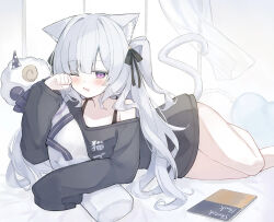  1girl absurdres animal_ear_fluff animal_ears black_shirt body_pillow cat_ears cat_girl cat_tail commentary_request commission curtains extra_ears highres long_hair mahou_shoujo_no_majo_saiban mozzs natsume_an-an on_bed one_eye_closed oversized_clothes oversized_shirt pillow rubbing_eyes saliva shirt single_sleeve_past_fingers skeb_commission sketchbook solo stuffed_animal stuffed_sheep stuffed_toy tail thighs very_long_hair violet_eyes waking_up white_hair 