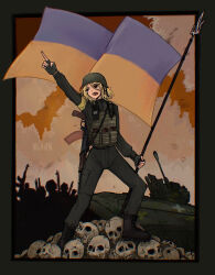  1girl ak-74 archirai assault_rifle balkenkreuz black_jacket black_pants blonde_hair body_armor boots brown_eyes cargo_pants cross fingerless_gloves flagpole gloves gun hand_up helmet highres holding holding_pole jacket kalashnikov_rifle magazine_(weapon) marichka military military_combat_uniform military_uniform non-web_source open_mouth original pants pole rifle russo-ukrainian_war skull translation_request tryzub ukrainian_flag ukrainian_ground_forces ukrainian_text vehicle_request weapon 