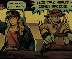  2boys absurdres arm_up beard black_coat black_hair black_hat brown_hat car_interior chain coat collared_shirt commentary confused driving earrings english_commentary english_text facial_hair flustered gakuran gloves grandfather_and_grandson hat highres jewelry jojo_no_kimyou_na_bouken joseph_joestar joseph_joestar_(old) kujo_jotaro long_coat looking_at_another looking_to_the_side male_focus multiple_boys no_joki old old_man open_mouth peaked_cap school_uniform seatbelt shirt short_hair short_sleeves speech_bubble stardust_crusaders steering_wheel stud_earrings surprised sweatdrop white_gloves white_hair wide-eyed 