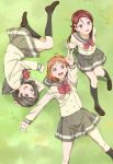 3girls blue_eyes bow bowtie brown_hair commentary_request grass hair_ornament highres long_hair love_live! love_live!_sunshine!! multiple_girls nakamura_kou orange_hair redhead sakurauchi_riko school_uniform short_hair skirt smile takami_chika v watanabe_you