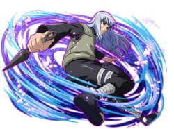  1boy black_boots black_pants black_sclera black_shirt blue_eyes boots colored_sclera edo_tensei flak_jacket forehead_protector green_jacket grey_hair holding holding_kunai holding_weapon jacket katou_dan konohagakure_shinobi_uniform kunai long_hair naruto_(series) naruto_shippuuden:_ultimate_ninja_blazing official_art pants shirt sleeveless sleeveless_jacket solo weapon 