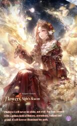  1girl absurdly_long_hair artist_request blue_sky braid brown_hair character_name choker clematia_(shining_nikki) commentary copyright_logo dragon dress english_commentary english_text expressionless eyelashes feet_out_of_frame flower frilled_choker frilled_dress frilled_sleeves frills gold_tiara gown green_flower hair_flower hair_ornament hair_over_shoulder hearts_tower's_guidelight_(shining_nikki) highres juliet_sleeves light_blush light_particles lipstick logo long_dress long_hair long_sleeves looking_ahead makeup night nikki_(series) off-shoulder_dress off_shoulder official_alternate_color official_art on_branch outdoors parted_lips petting pleated_dress puffy_long_sleeves puffy_sleeves red_choker red_dress red_flower red_lips second-party_source shining_nikki single_braid sitting sky sleeves_past_wrists solo star_(sky) starry_sky very_long_hair violet_eyes western_dragon white_flower yellow_flower 