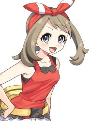  1girl :d blush bow bow_hairband breasts brown_hair fanny_pack grey_eyes hair_bow hairband highres looking_at_viewer may_(pokemon) medium_breasts open_mouth pokemon pokemon_oras red_bow red_hairband red_shirt shirt short_hair sleeveless sleeveless_shirt smile solo upper_body white_background yuihico 