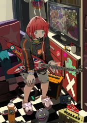  1girl amplifier animal bass_guitar blue_eyes bob_cut bottle brand_name_imitation cat cellphone checkered_floor commentary_request computer couch cushion ear_piercing grey_shorts guitar hand_on_own_knee highres hood hood_down hooded_jacket indoors instrument jacket laika2slip laptop looking_at_animal mouth_hold multicolored_nails original phone piercing plectrum red_hair shirt shorts slippers smartphone soda soda_bottle t-shirt television union_jack 