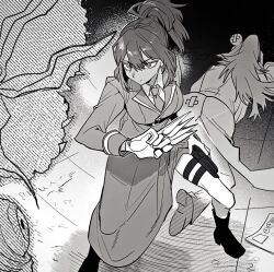  1boy 1girl aseah_(project_moon) closed_mouth coat collared_shirt commentary crossed_bandaids glint gloves greyscale high_ponytail holding holding_knife knife lapels limbus_company monochrome necktie nelly_(project_moon) notched_lapels peccatulum_gulae ponytail project_moon protecting serious shirt sidelocks sleeve_cuffs tama_launcher thigh_strap 