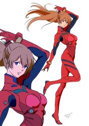  1girl blue_eyes bodysuit bolt_(hardware) brown_hair dated floating_hair full_body highres interface_headset_(evangelion) looking_at_viewer mecha_pilot_suit neon_genesis_evangelion parted_lips pgmajimaji plugsuit_(evangelion) red_bodysuit simple_background solo souryuu_asuka_langley standing standing_on_one_leg twintails white_background 