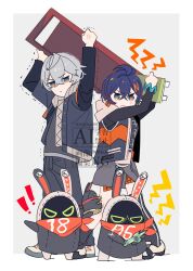  ! !! 1boy 1girl arms_up bangboo_(zenless_zone_zero) bangboo_18_(zenless_zone_zero) bangboo_6_(zenless_zone_zero) belle_(zenless_zone_zero) black_pants blue_hair broken_bottle brother_and_sister closed_mouth crossed_bangs earrings frown grey_hair hair_between_eyes hair_ornament highres holding hood hood_down itiha008 jacket jewelry long_sleeves looking_at_viewer pants shoes short_hair siblings simple_background standing trembling watermark wise_(zenless_zone_zero) zenless_zone_zero 