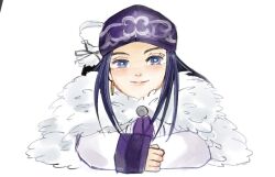  1girl ainu asirpa blue_eyes blue_hair boots cloak closed_mouth commentary fur_cloak golden_kamuy headband long_hair lying on_stomach purple_headband simple_background smile solo white_background yoshi221477 